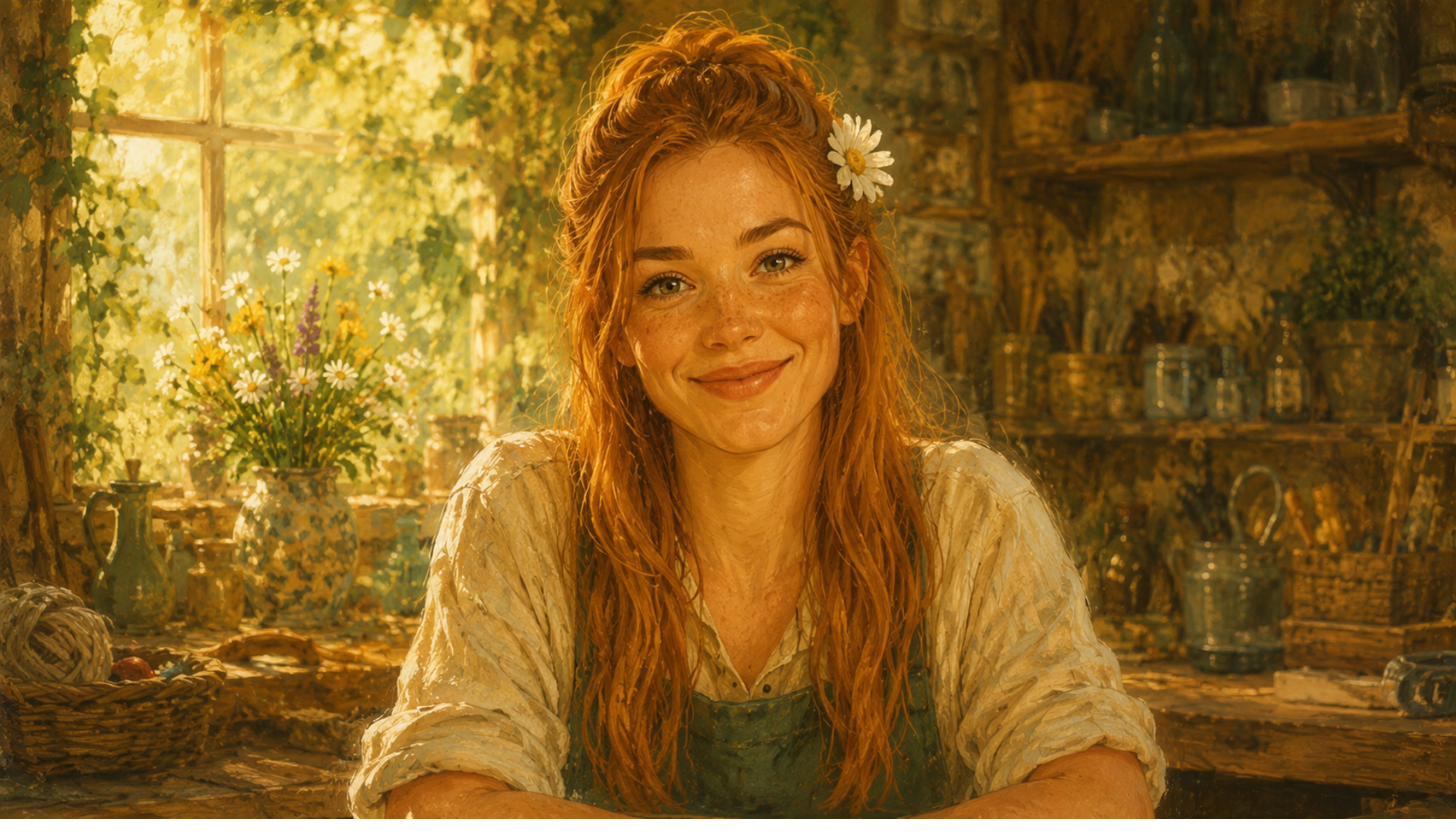 Lina, a cheerful red-haired maker with a daisy in her hair, in her sunlit craft workshop.