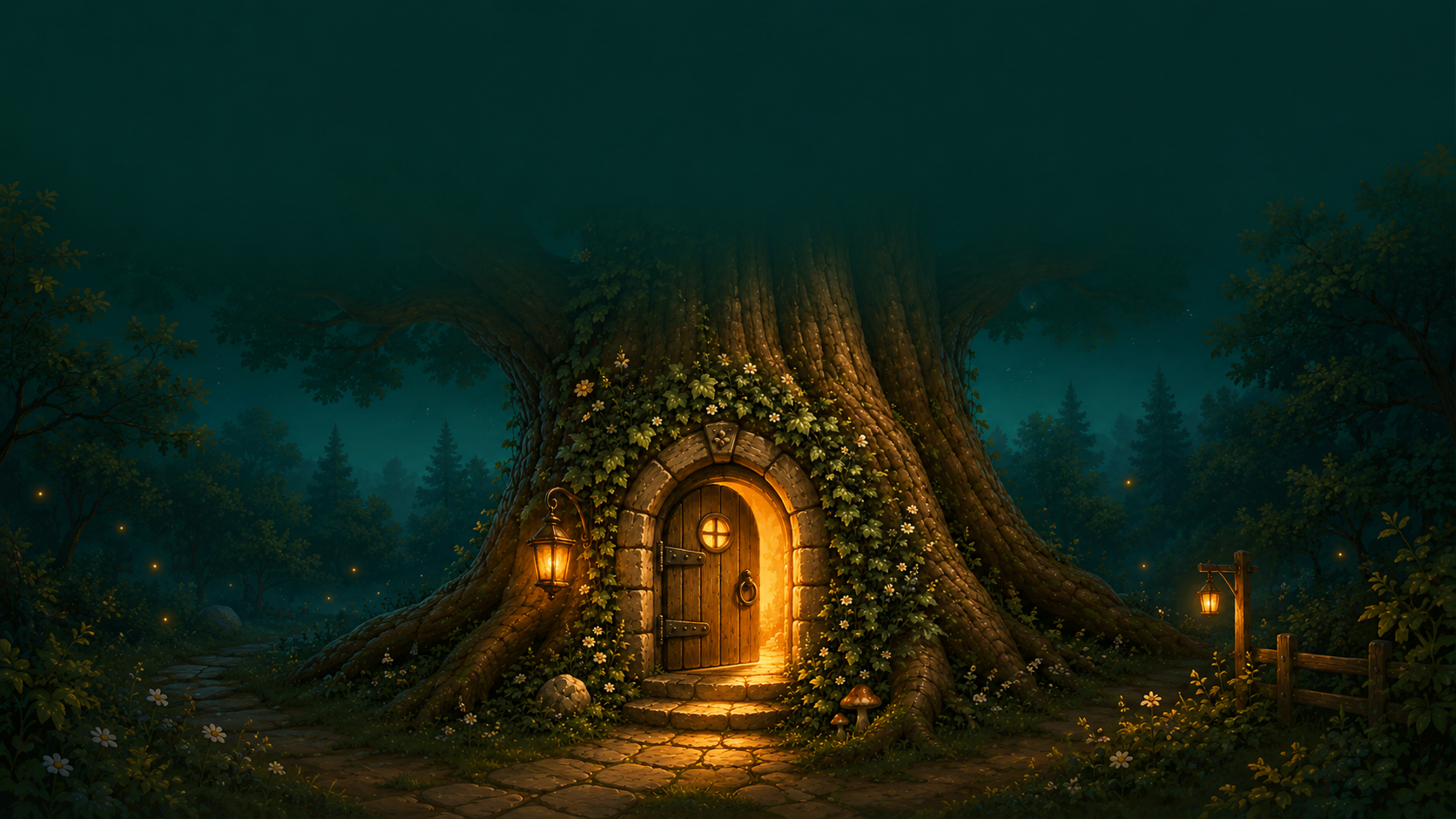 An ancient oak tree at dusk with a small glowing door at its base, fireflies drifting on a quiet woodland path.