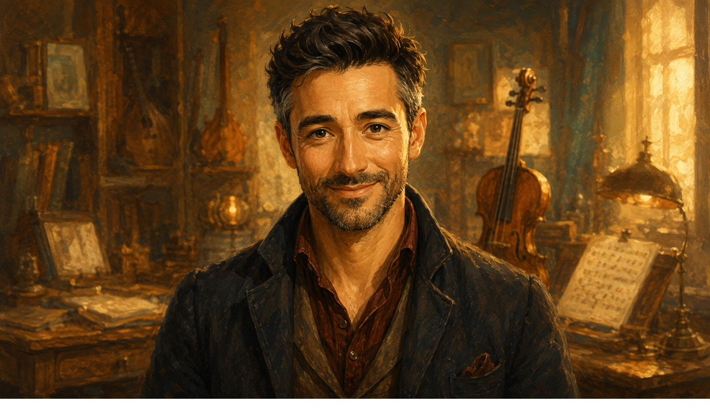 Marco, a warm dark-haired musician, smiling in his golden music studio with a violin behind him.