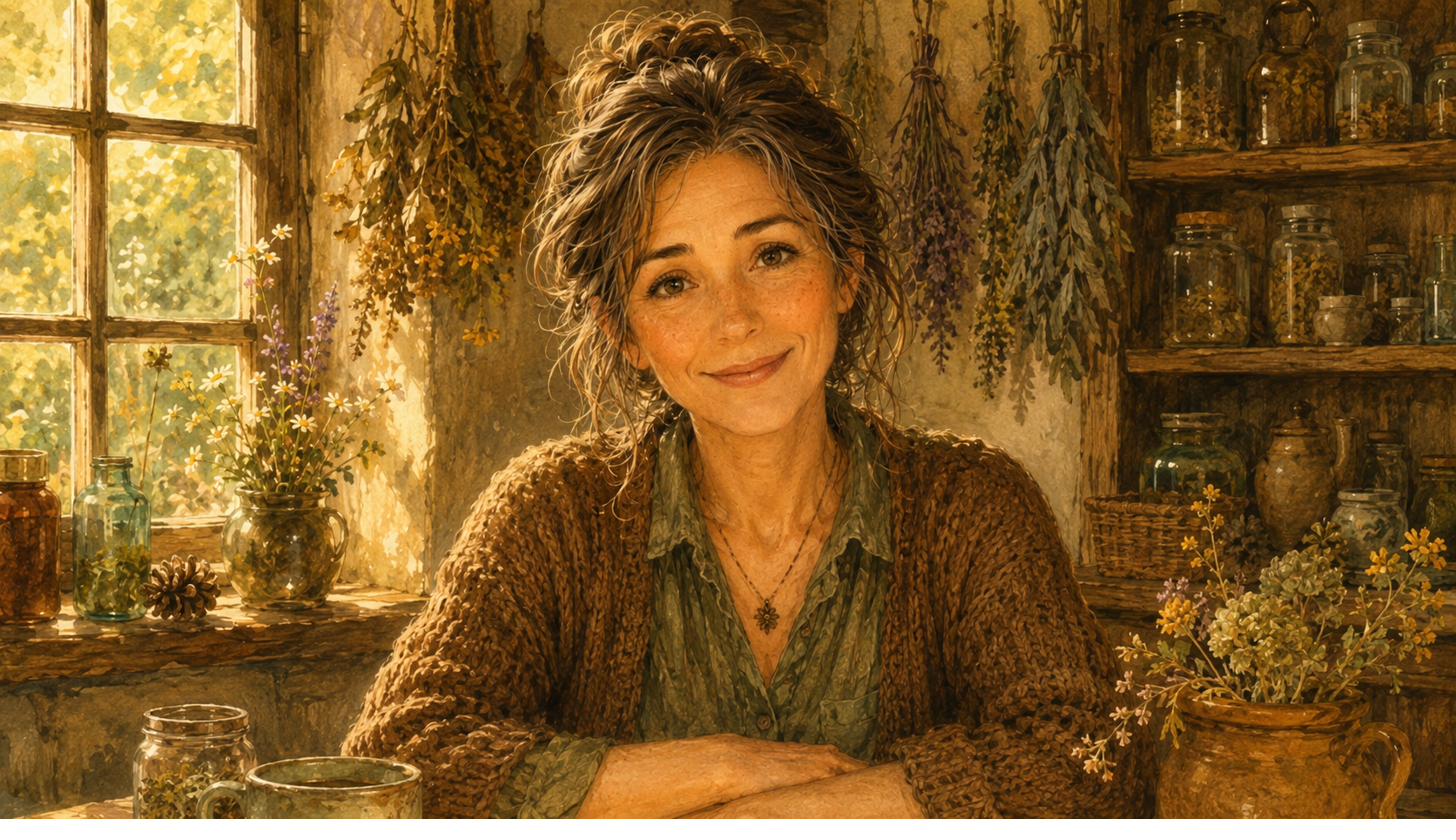 Mira, a bright-eyed woman in a cosy cottage, herbs and jars on the shelves behind her.