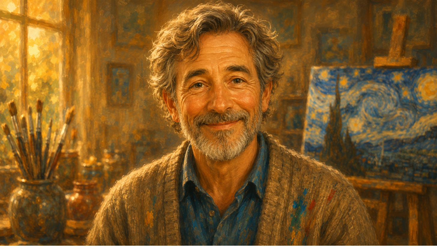 Theo, a kind grey-haired painter in his warm studio, a swirling night-sky painting on the easel.